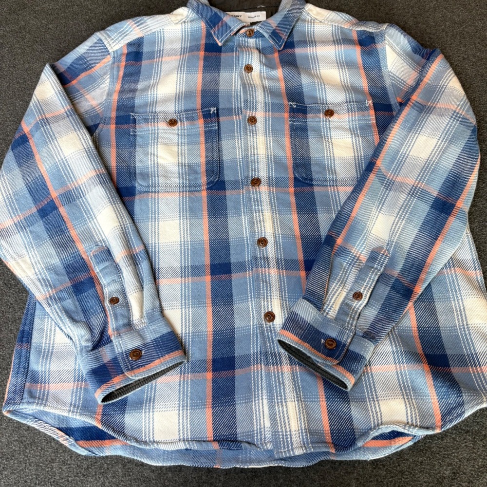Old Navy Mens XL Regular Fit Plaid Flannel Shirt Blue Flourite Orange 504439-03